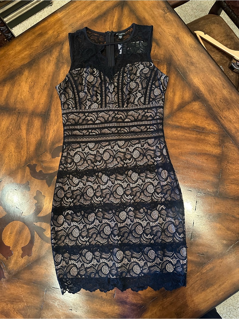 GUESS Kason Black Lace Bodycon Dress Nude Lining Mini, Size M